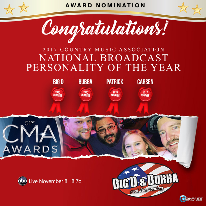 CMA nominates Big D, Bubba, Patrick and Carsen for 2017 National Broadcast Personality of the Year